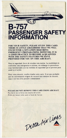 Safety information card: Delta Air Lines, Boeing 757