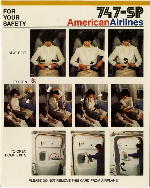 Image: safety information card: American Airlines, Boeing 747SP