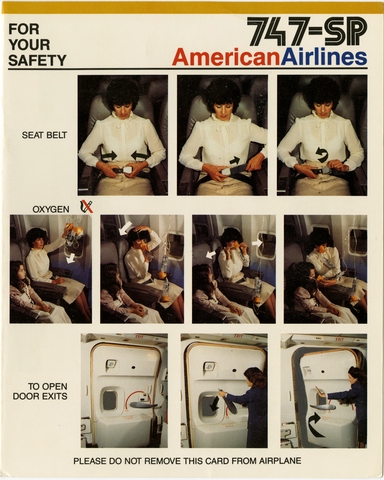 Safety information card: American Airlines, Boeing 747SP