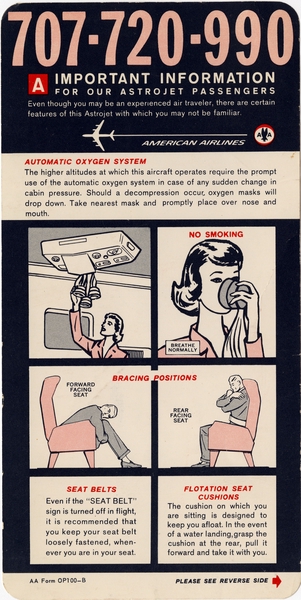 Image: safety information card: American Airlines, Boeing 707-720-990