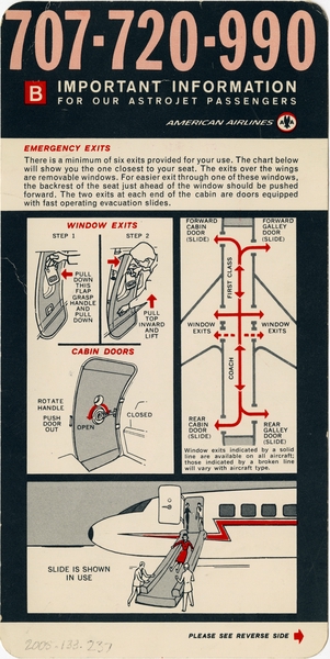 Image: safety information card: American Airlines, Boeing 707-720-990