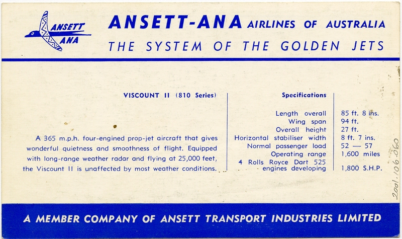 Image: aircraft information card: Ansett Air, Vickers Viscount 810 series