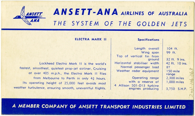 Image: aircraft information card: Ansett Air, Electra Mark II