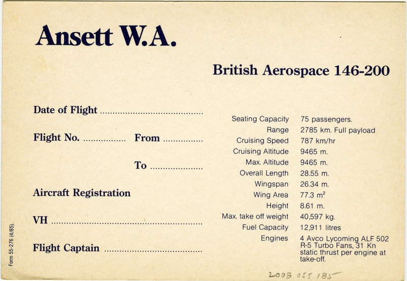 Image: aircraft information card: Ansett Air, British Aerospace BAe-146-200