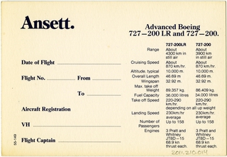 Image: aircraft information card: Ansett Air, Boeing 727-200