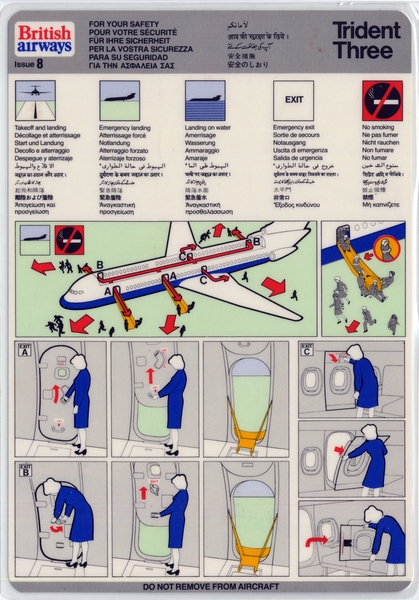 Image: safety information card: British Airways, Hawker Siddeley HS.121  Trident Three