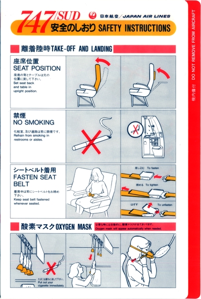 Image: safety information card: JAL (Japan Airlines), Boeing 747