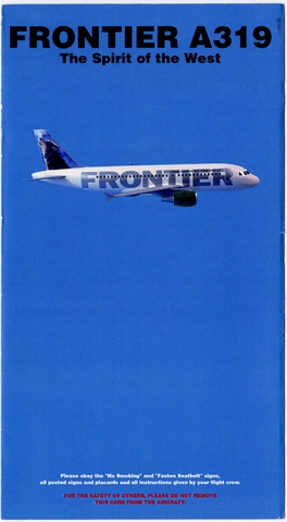 Safety information card: Frontier Airlines, Airbus A319