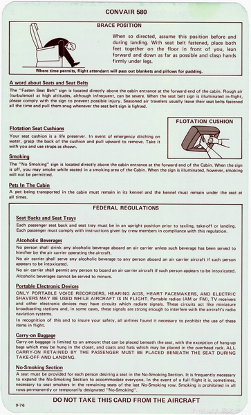 Image: safety information card: Frontier Airlines, Convair 580
