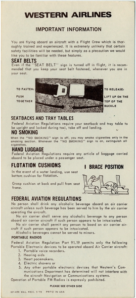 Image: safety information card: Western Airlines, Boeing 737