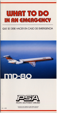 Safety information card: Pacific Southwest Airlines (PSA), McDonnell Douglas MD-80