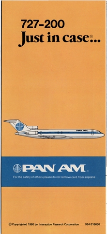 Safety information card: Pan American World Airways, Boeing 727-200