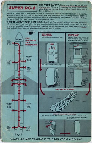 Safety information card: United Air Lines, Douglas Super DC-8