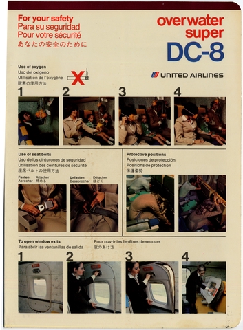 Safety information card: United Airlines, Douglas Super DC-8
