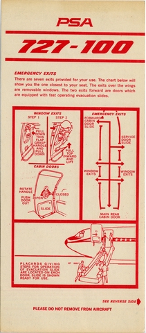 Safety information card: Pacific Southwest Airlines (PSA), Boeing 727-100