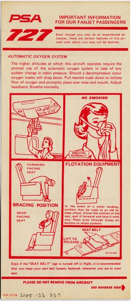 Image: safety information card: Pacific Southwest Airlines (PSA), Boeing 727-100