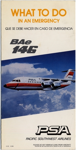 Safety information card: Pacific Southwest Airlines (PSA), British Aerospace BAe-146