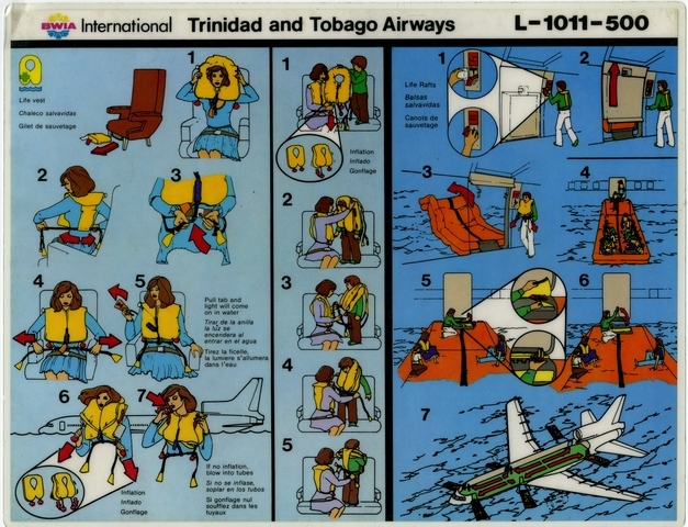 Safety information card: British International Airways (BWIA), Trinidad and Tobago Air Services, Lockheed L-1011-500 TriStar