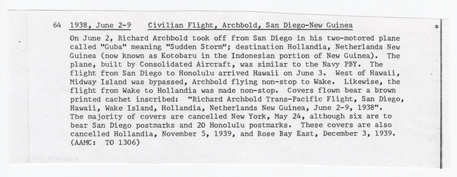 Airmail flight cover: Richard Archbold Trans-Pacific Flight / New Guinea Expedition and Return, May 24, 1938 - July 1, 1939