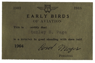Image: membership card: Stanley Page, The Early Birds of Aviation