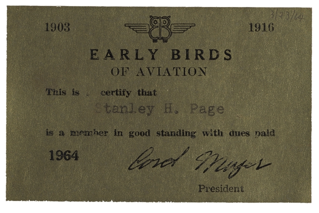 Membership card: Stanley Page, The Early Birds of Aviation