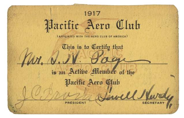 Membership card: Stanley Page, Pacific Aero Club