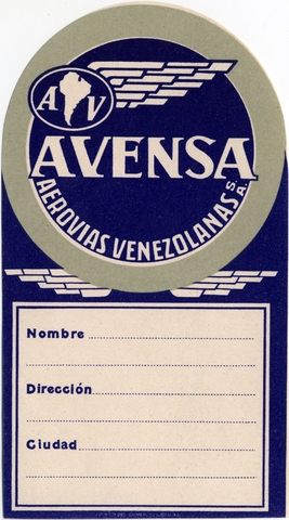 Luggage identification label: Avensa (Aerovias Venezolanas)
