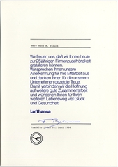 Image: service certificate: Lufthansa, 25 years of service for Hans Steuck