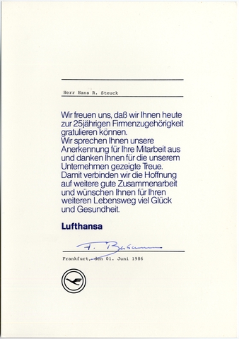 Service certificate: Lufthansa, 25 years of service for Hans Steuck