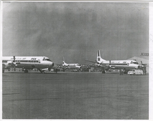 Image: photograph: San Jose Municipal Airport, Pacific Southwest Airlines (PSA), Lockheed L-188 Super Electra [photocopy]