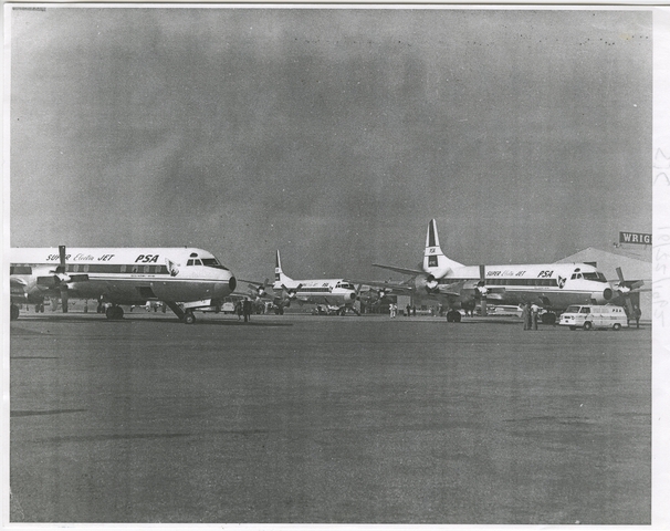 Photograph: San Jose Municipal Airport, Pacific Southwest Airlines (PSA), Lockheed L-188 Super Electra [photocopy]