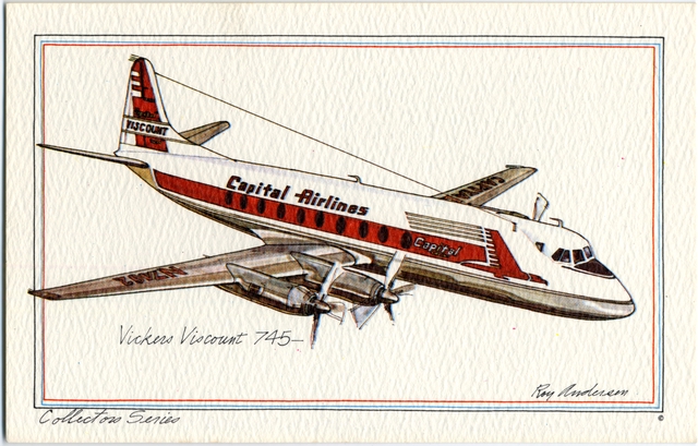 Postcard: Capital Airlines, Vickers Viscount 745