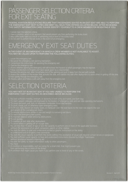Image: safety information card: Virgin America, Airbus A320