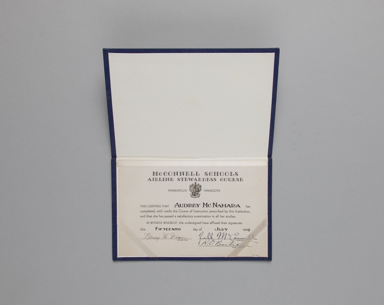 Image: flight service training certificate: TWA (Trans World Airlines), Audrey McNamara Nevis