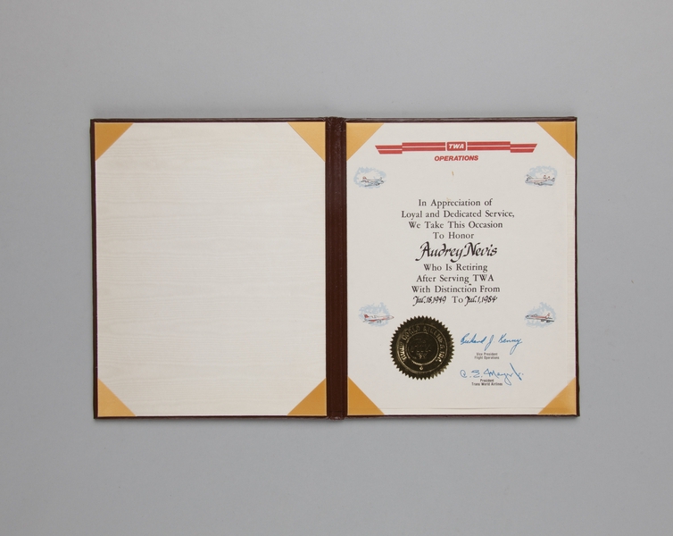 Image: employee recognition certificate: TWA (Trans World Airlines), Audrey Nevis