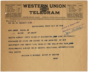 Image: telegram: Western Union, airport inquiry from San Francisco Mayor James Rolfe, Jr.