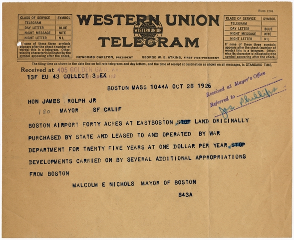 Telegram: Western Union, airport inquiry from San Francisco Mayor James Rolfe, Jr.
