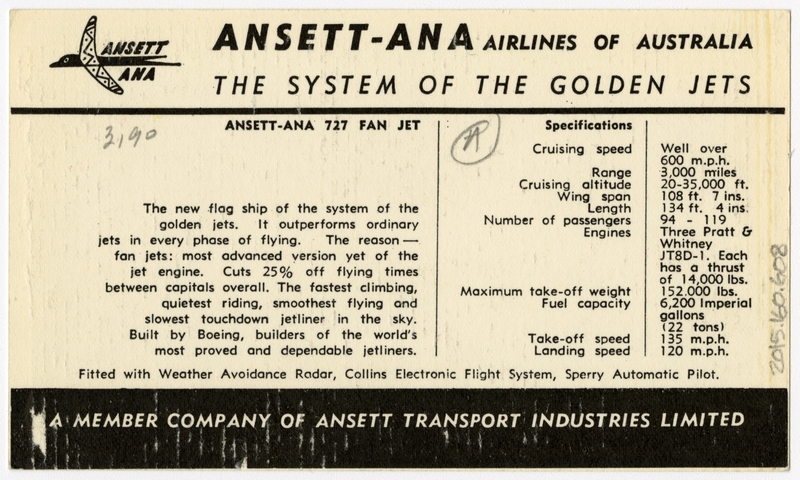 Image: aircraft information card: Ansett - ANA Airlines of Australia, Boeing 727