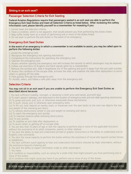 Image: safety information card: Virgin America, Airbus A320