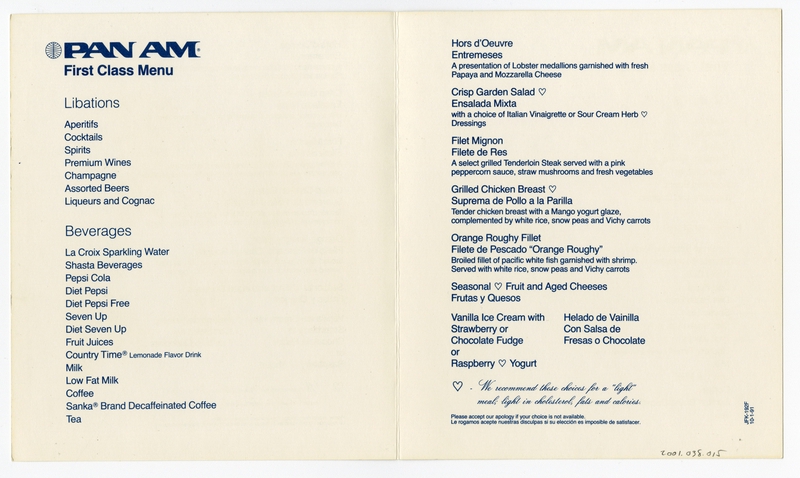 Image: menu: Pan American World Airways, First Class