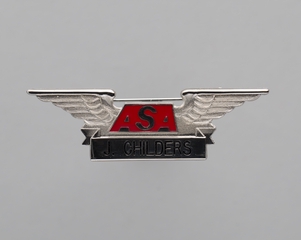 Image: flight attendant wings and name pin: Atlantic Southeast Airlines (ASA), J. Childers