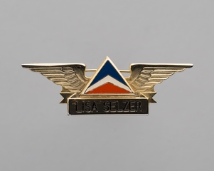 Image: flight attendant wings and name pin: Delta Air Lines, Lisa Selzer