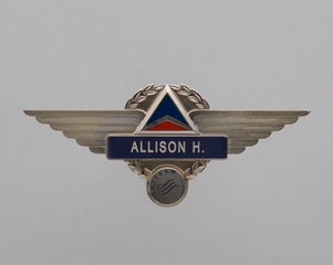 Image: flight attendant wings and name pin: Delta Air Lines, Allison H.