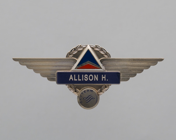Flight attendant wings and name pin: Delta Air Lines, Allison H.