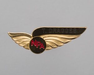 Image: flight attendant wings and name pin: Northern Pacific Airlines, T. Dragges