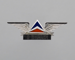 Image: flight attendant wings and name pin: Delta Air Lines, B. Warren