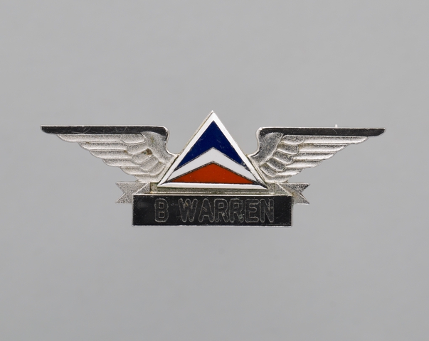 Flight attendant wings and name pin: Delta Air Lines, B. Warren