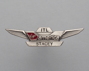Image: flight attendant wings and name pin: Virgin America, Stacey