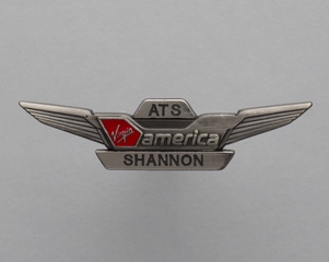 Image: flight attendant wings and name pin: Virgin America, Shannon