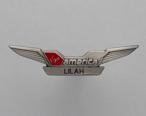 Image: flight attendant wings and name pin: Virgin America, Lilah